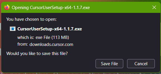 Notificación del navegador para guardar el archivo .exe.