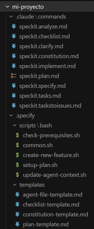 Estructura de proyecto en el IDE tras specify init
