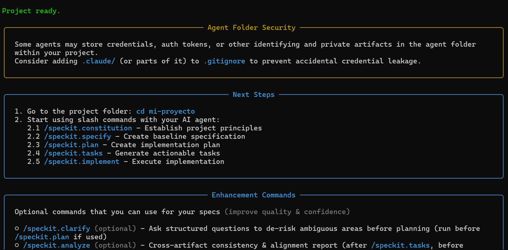 Salida de terminal tras specify init: Project ready, Next Steps y Enhancement Commands