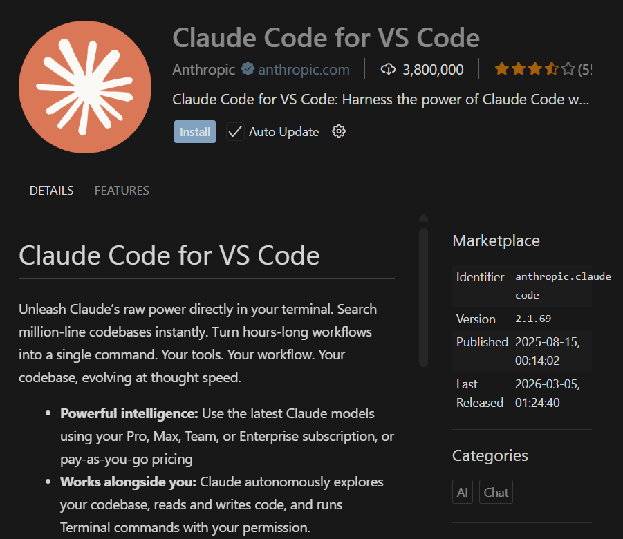 Ficha de Claude Code en el Marketplace de VS Code