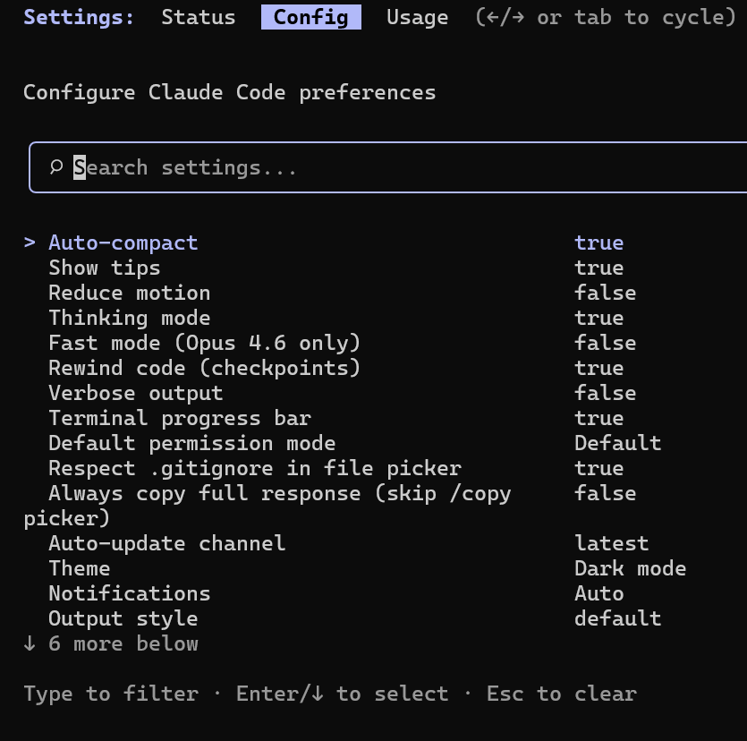Pantalla de configuración de Claude Code (settings)