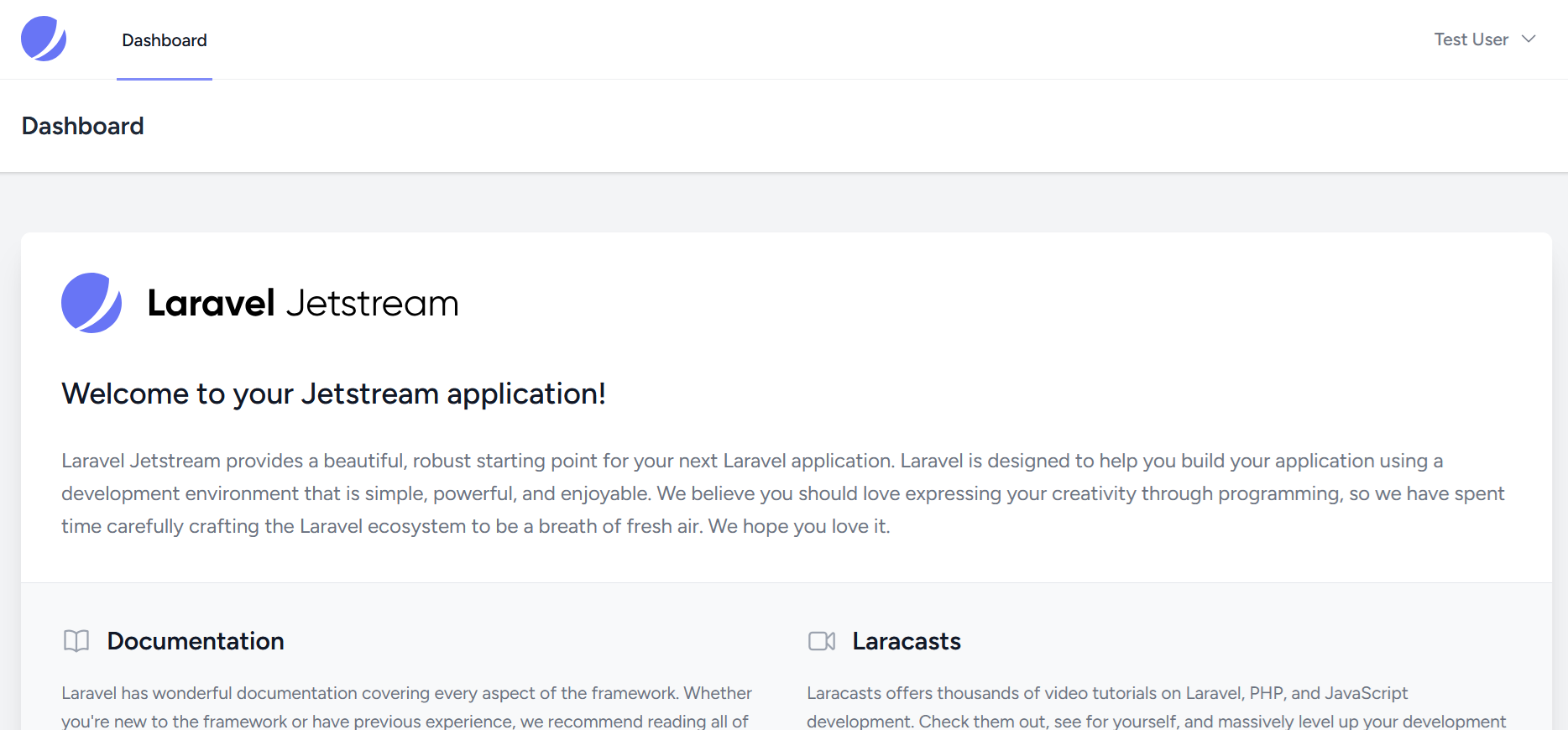 Panel de usuario con Jetstream (menú y área de trabajo)