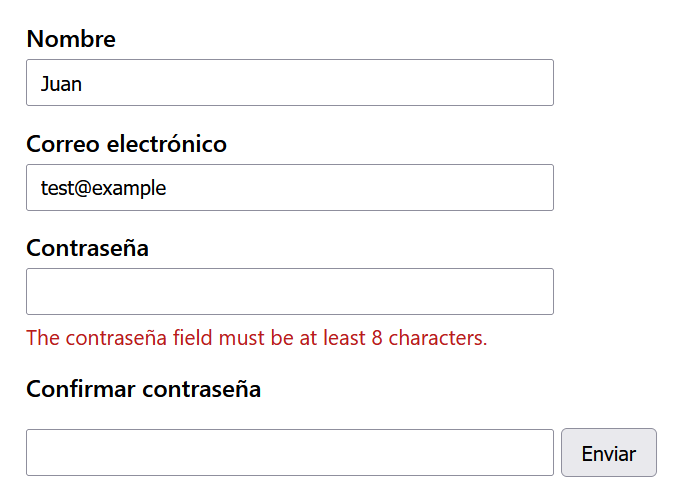 Mensaje de validación junto a un campo de contraseña: la regla  no se cumple