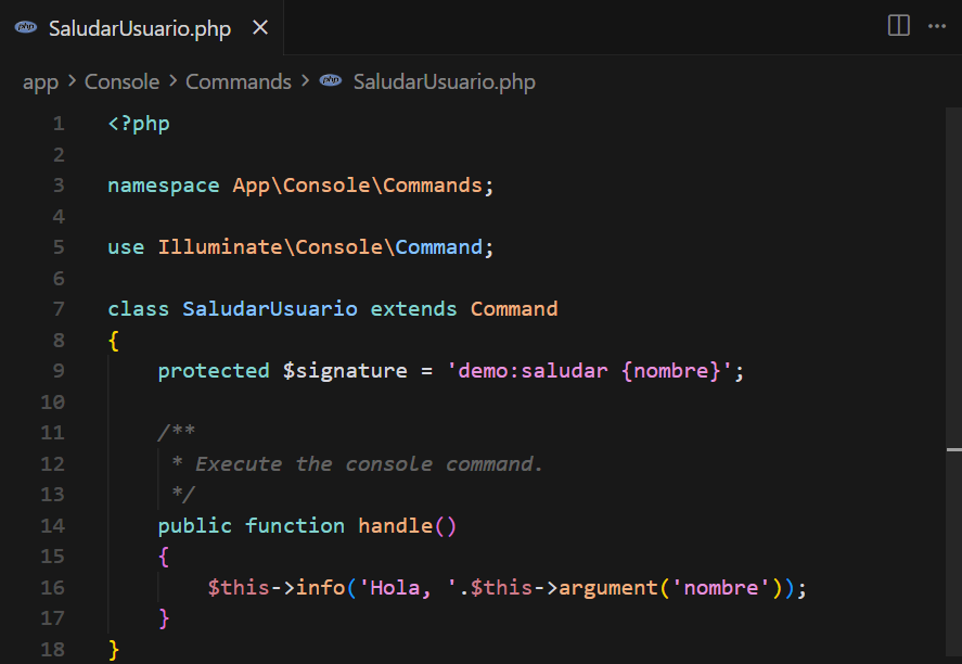 Clase de un comando Artisan personalizado () en el editor