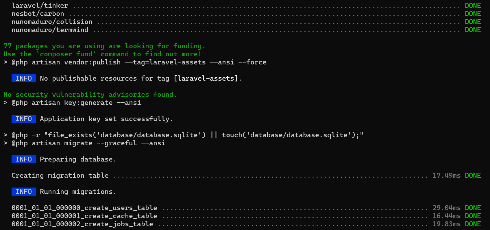 Salida de Composer al crear un proyecto Laravel con 
