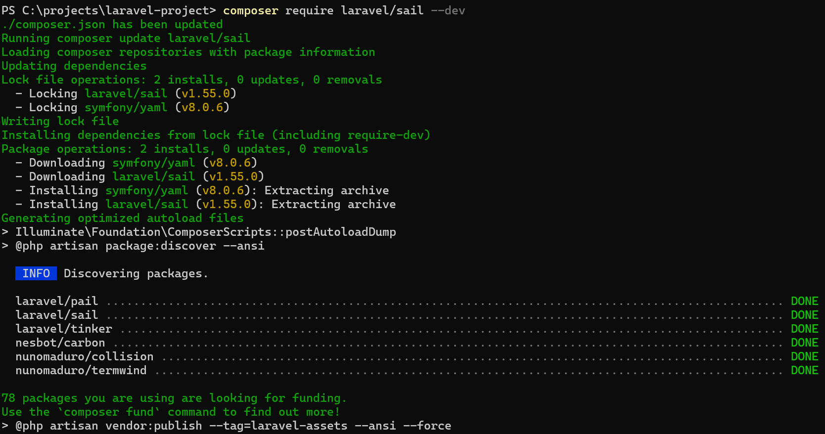 Salida de Composer al añadir el paquete  como dependencia de desarrollo