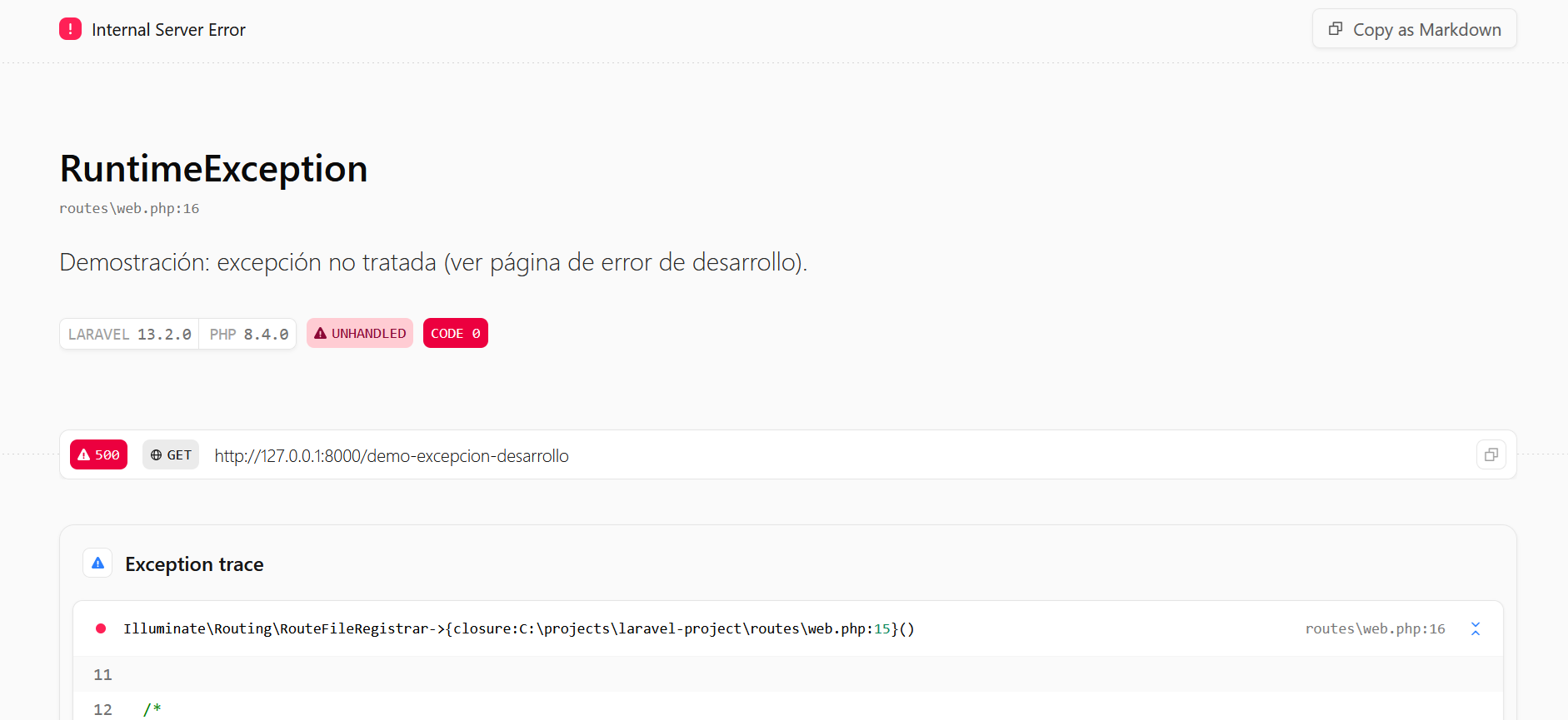 Página de error de desarrollo de Laravel ante una no capturada