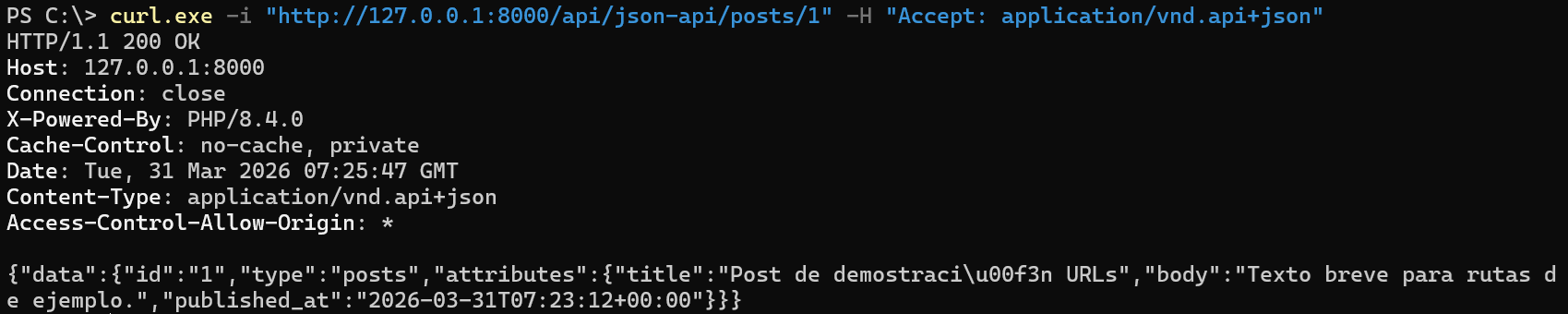 Ejemplo de cuerpo JSON con estructura JSON:API (, , )