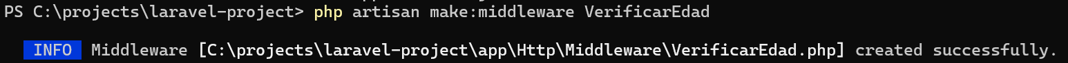 Salida de Artisan al generar un middleware con 