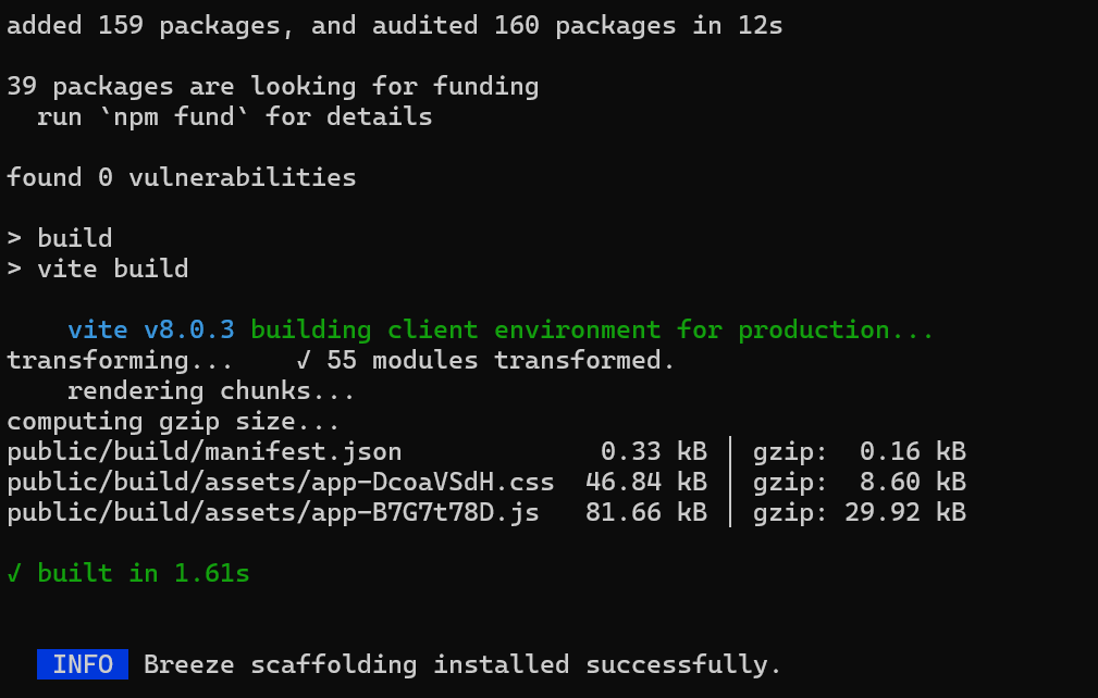 Confirmación de que la instalación de Laravel Breeze ha finalizado correctamente