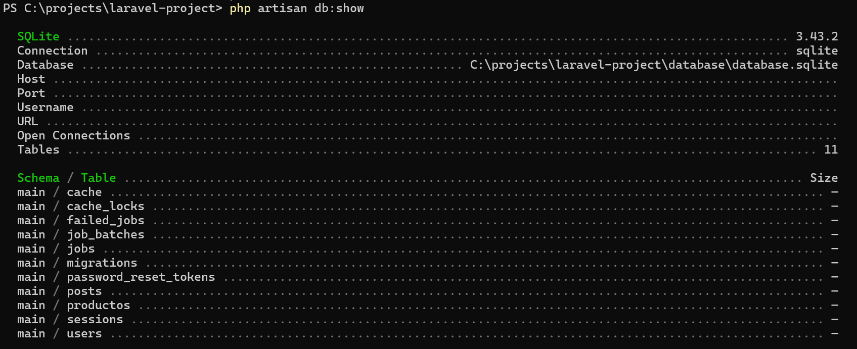 Salida de  con los detalles de la conexión a la base de datos