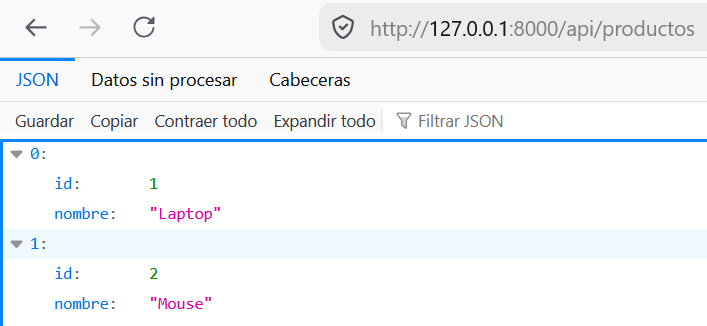 Respuesta JSON en el navegador o cliente HTTP para la ruta 