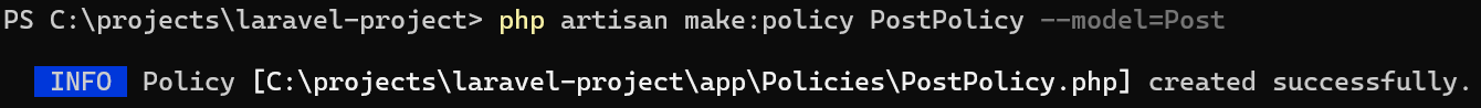 Salida de Artisan al crear una policy con  y asociarla a un modelo