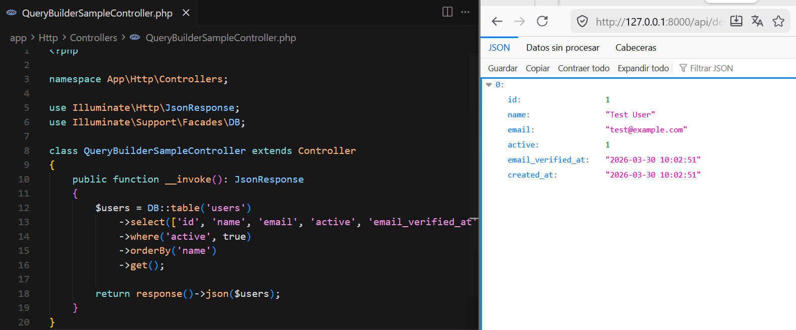 Consulta ejecutada con Query Builder en Tinker y resultados en colección