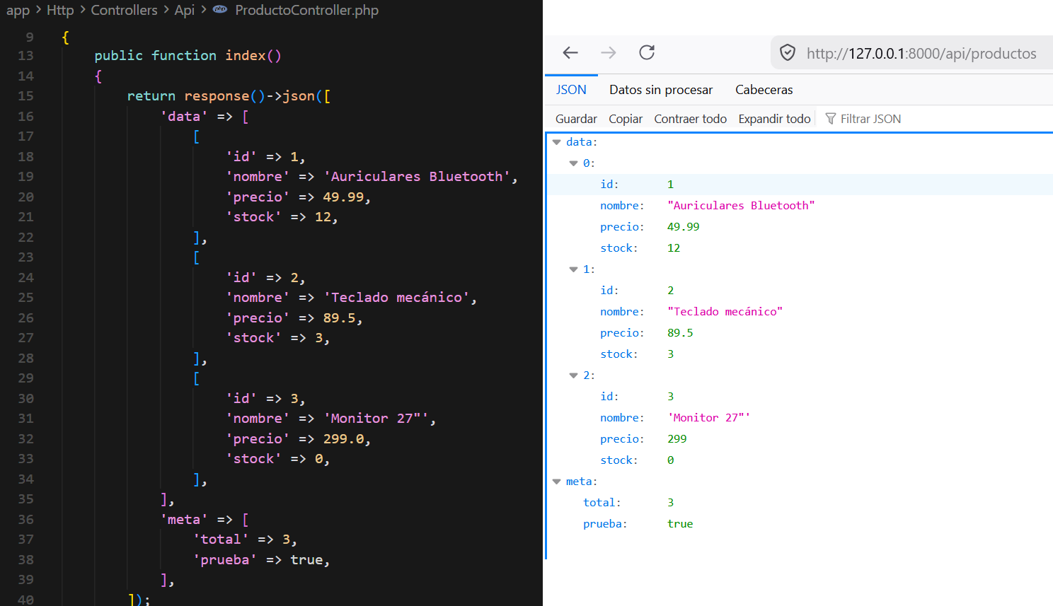 Respuesta JSON del método  de un controlador API con una colección de productos