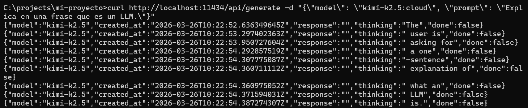 Respuesta en streaming desde /api/generate (varias líneas JSON)