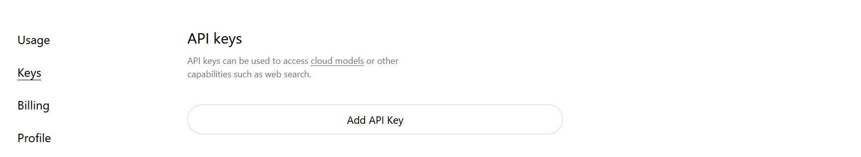 Sección de API keys en la cuenta de ollama.com