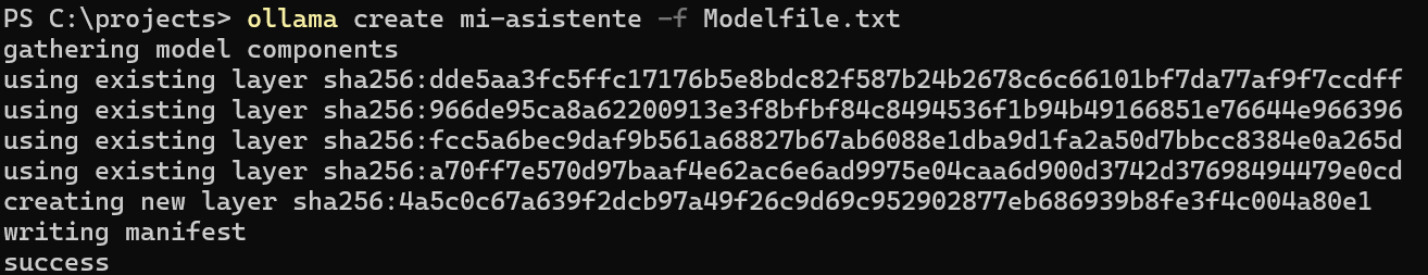 Salida en terminal tras ejecutar ollama create con un Modelfile