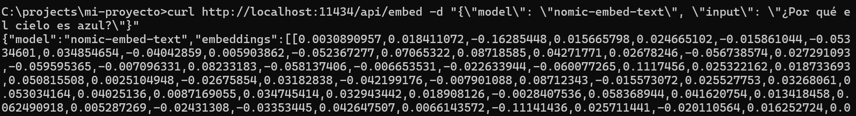 Ejemplo de respuesta JSON de POST /api/embed con curl