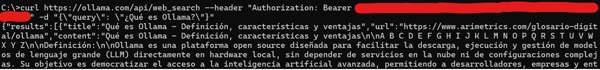 Ejemplo de respuesta JSON de POST /api/web_search con curl