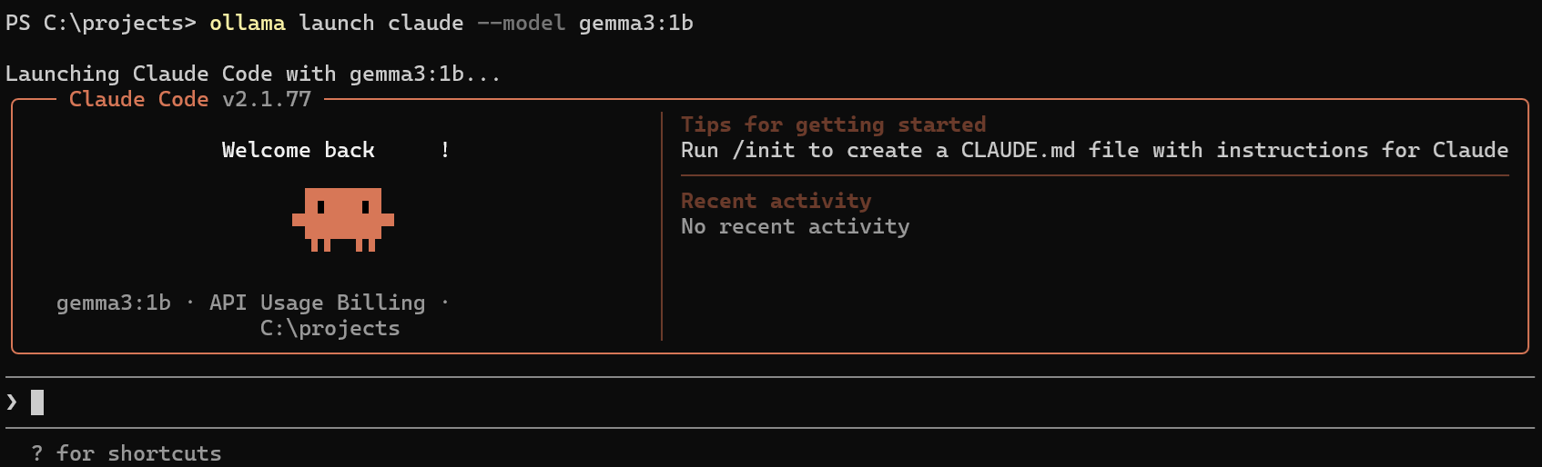 Claude Code arrancado con Ollama y modelo local