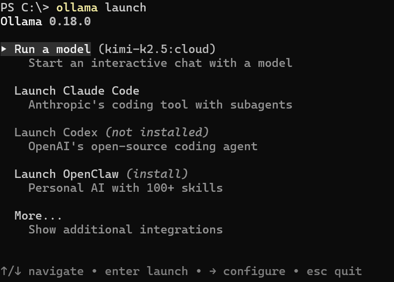 Menú de ollama launch con las integraciones disponibles