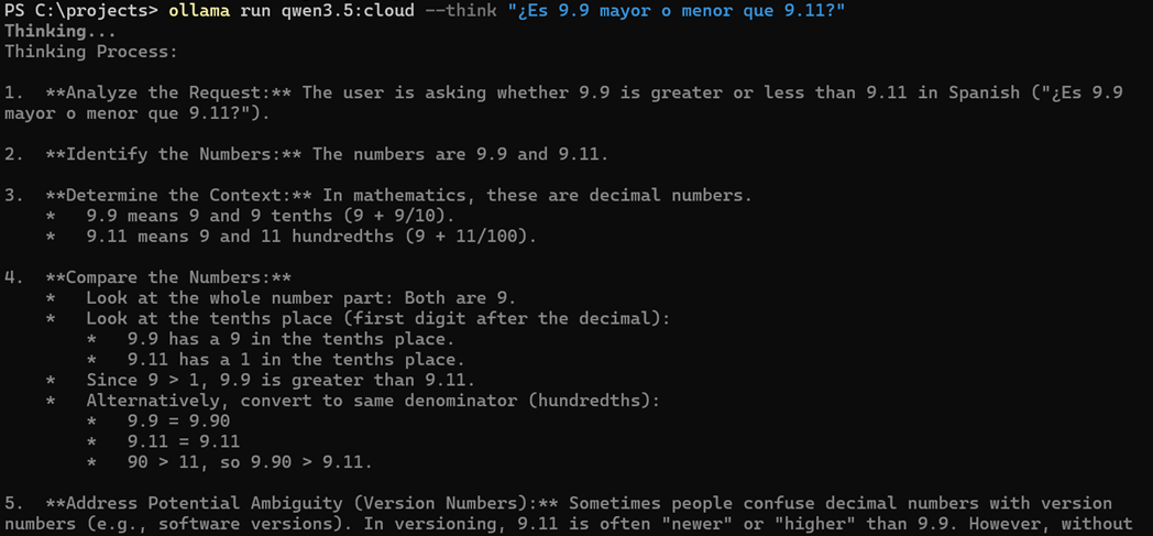 Ejemplo de ollama run con thinking activado en la terminal