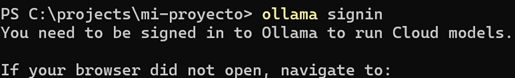 Pantalla de inicio de sesión en ollama.com antes de autenticarte