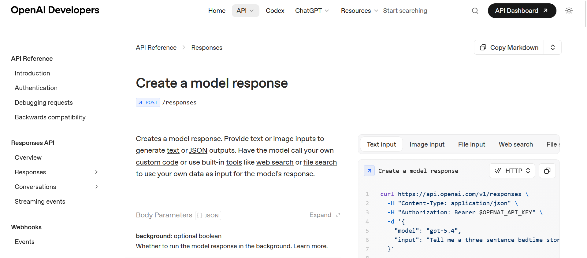API Reference de OpenAI: menú lateral y documentación del endpoint Chat Completions