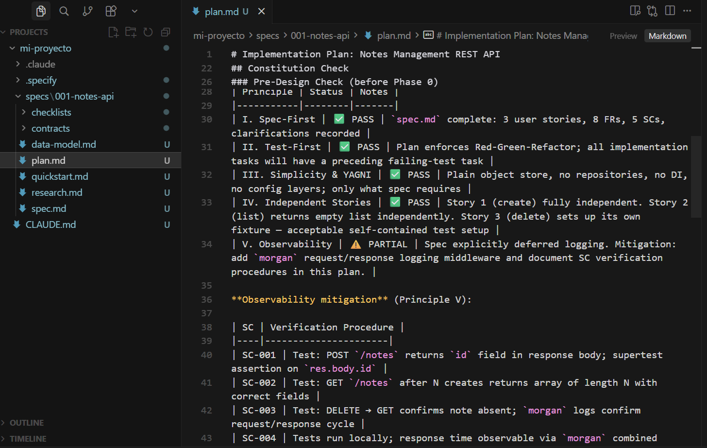 Ejemplo de contenido de un plan.md generado