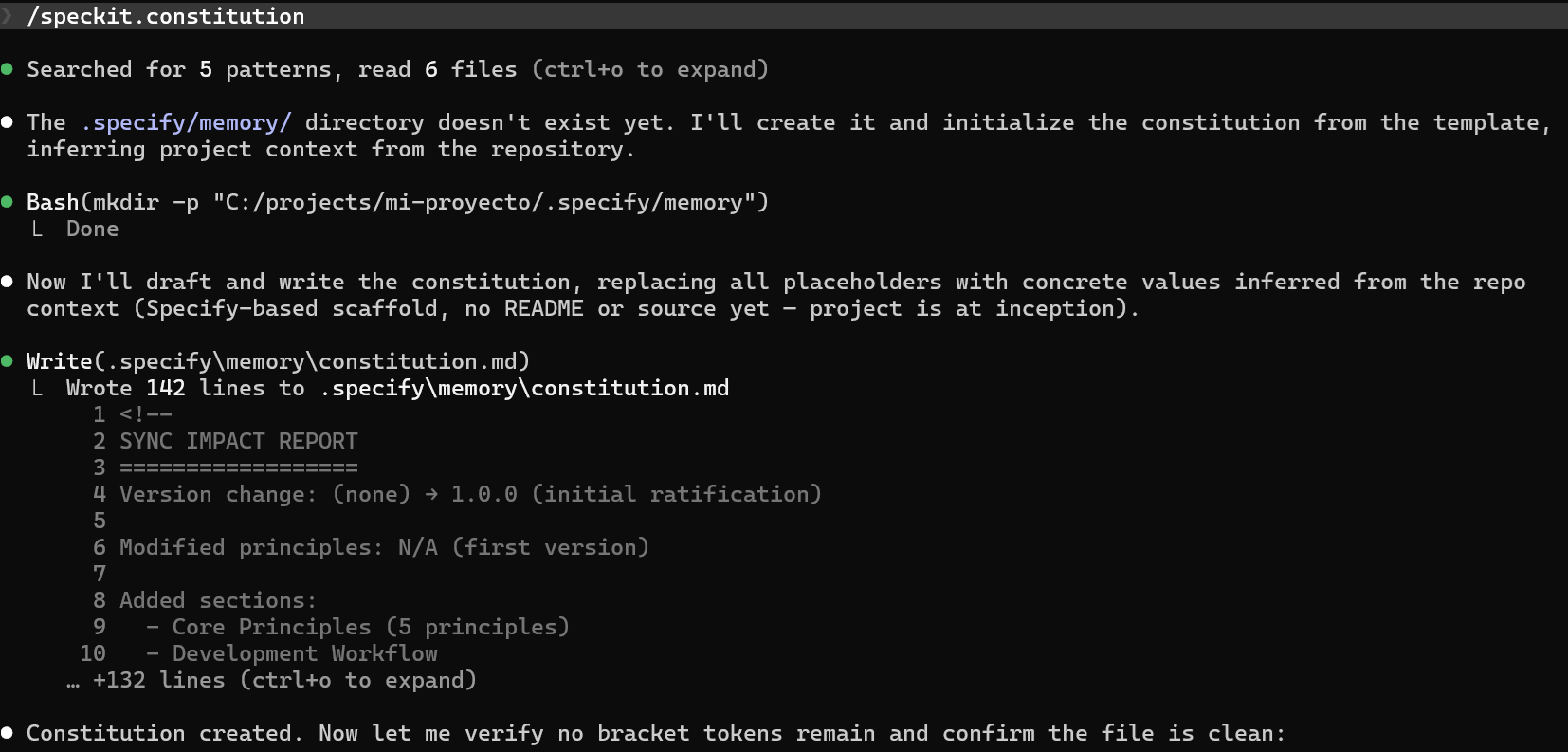 Ejecución del comando /speckit.constitution en el agente