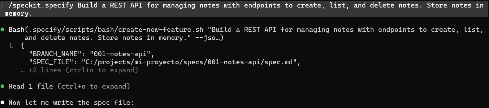 Ejecución del comando /speckit.specify en el agente