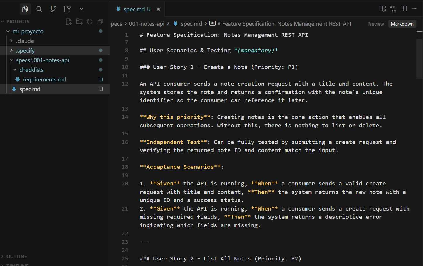 Ejemplo de contenido de un spec.md generado