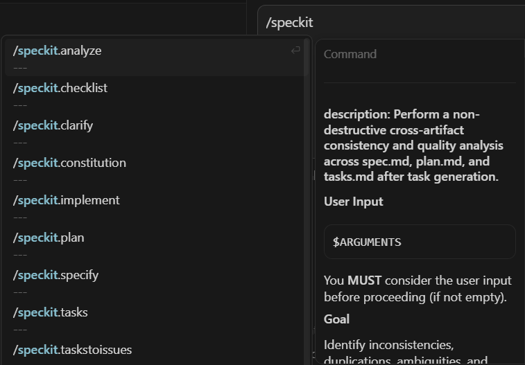 Menú desplegable de slash commands /speckit. en Claude Code