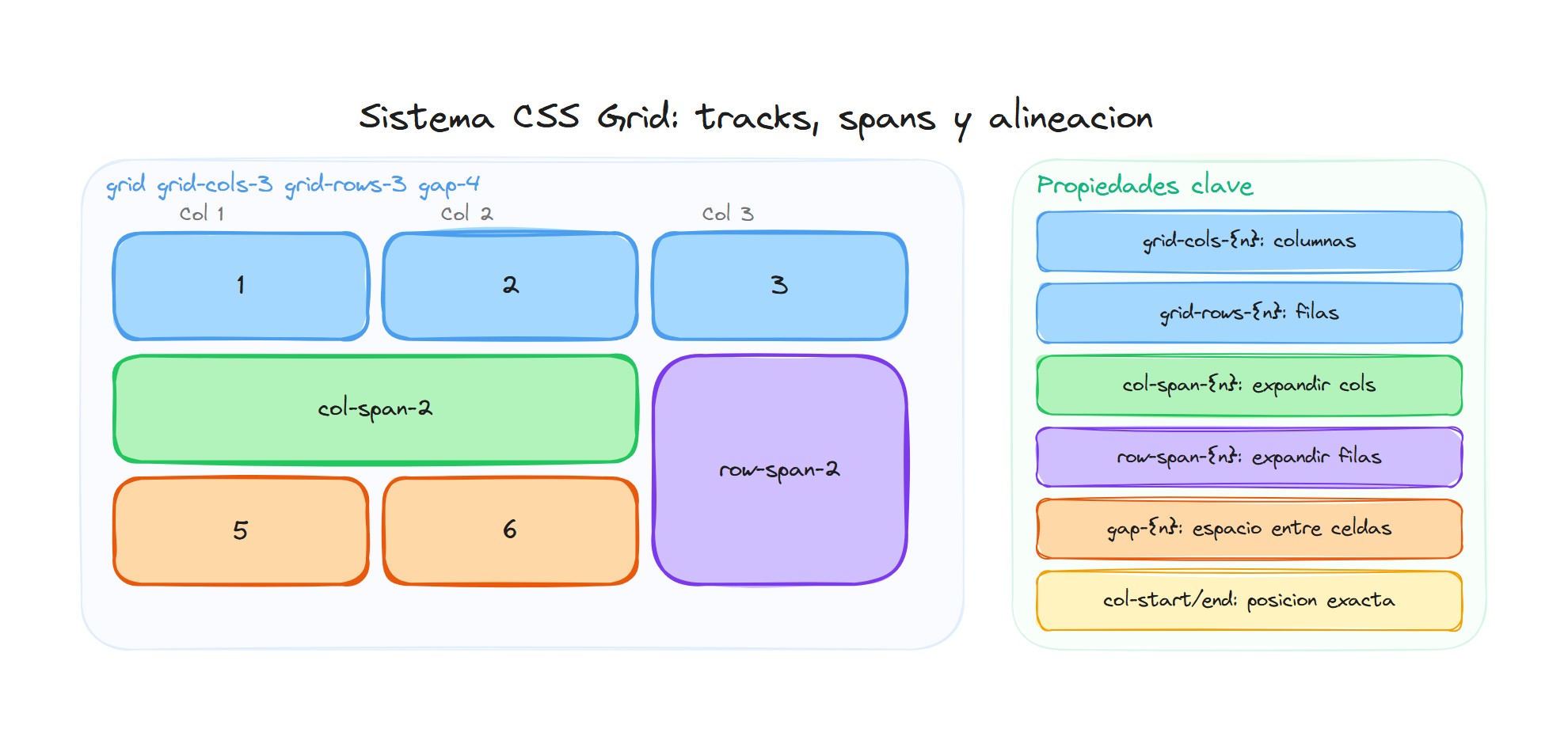 Sistema CSS Grid: tracks, spans, gaps y propiedades clave