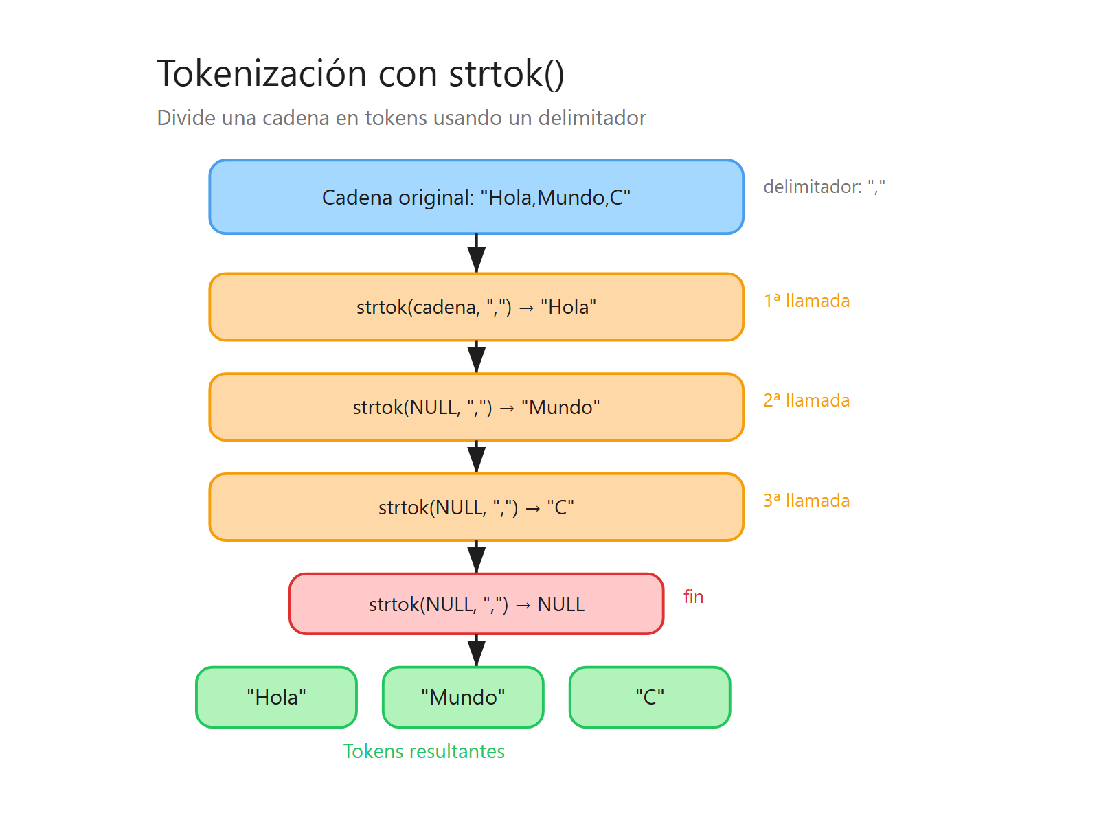 Tokenización de una cadena con strtok y delimitador