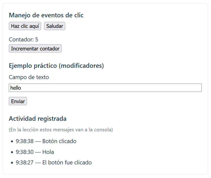 Consola del navegador mostrando los mensajes registrados al manejar clics con 
