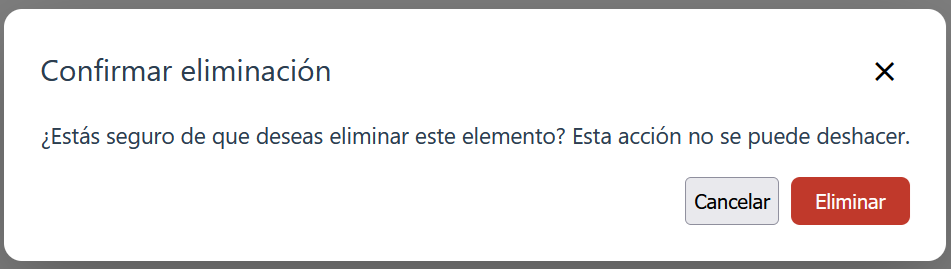 Modal de confirmación a pantalla completa teletransportado al contenedor 