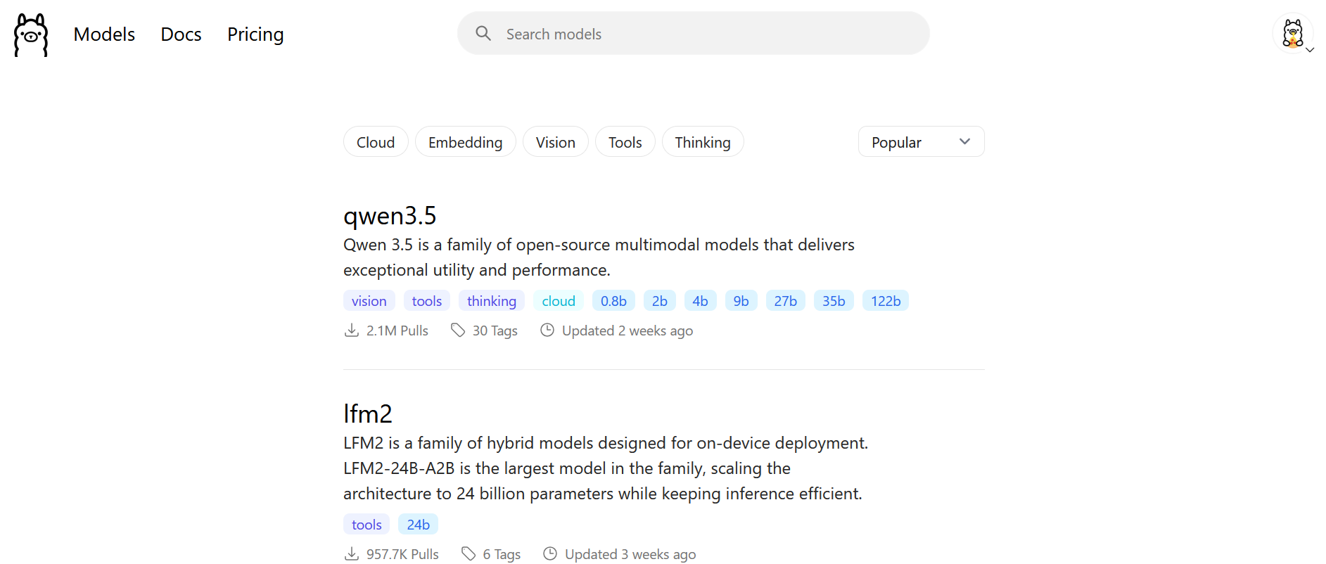 Página de búsqueda de modelos en ollama.com